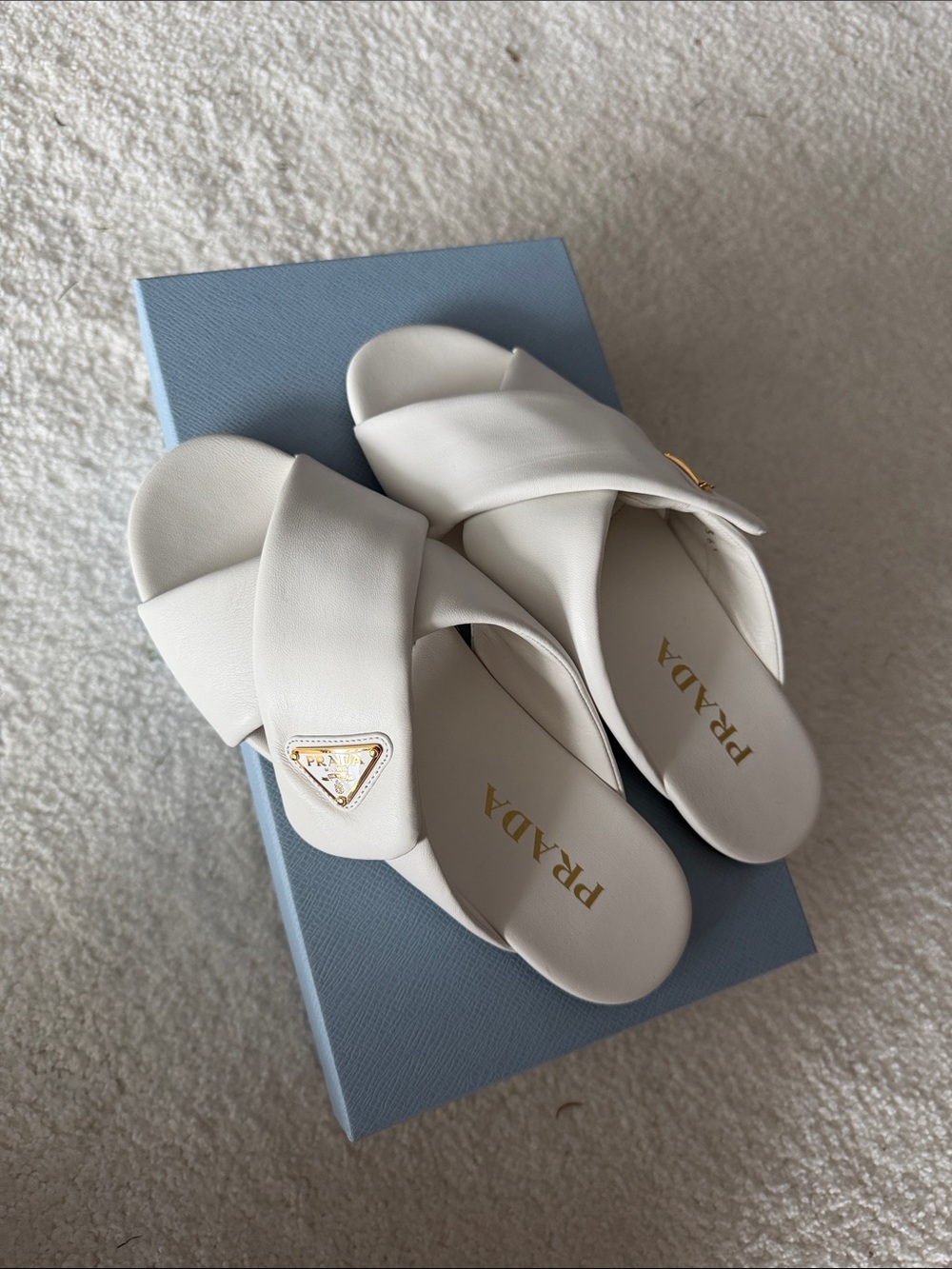 BNIB PRADA - White Napa Leather Criss Cross Slides 6.5